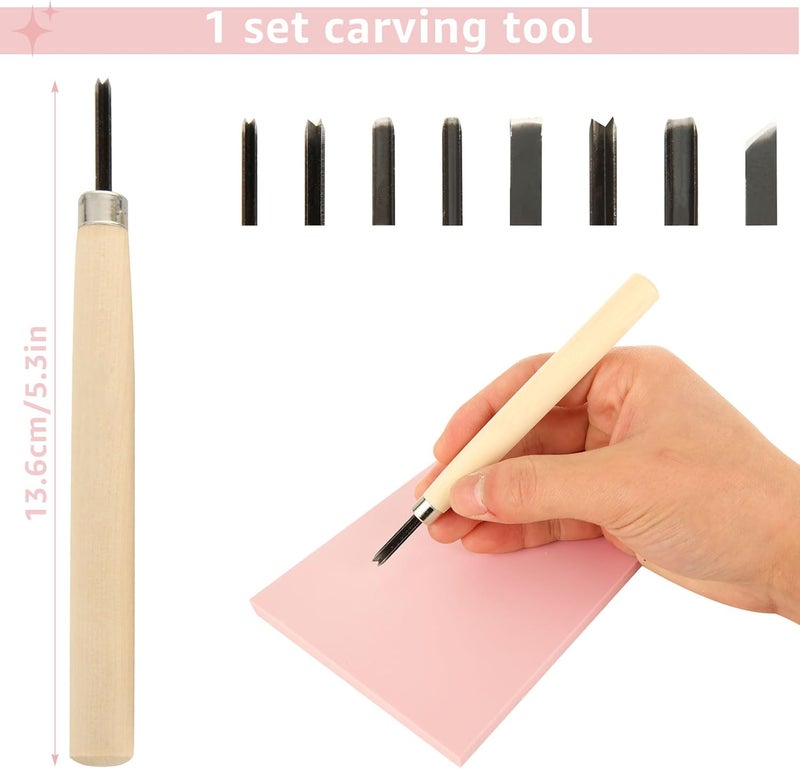 DIRBUY 10 Pack Rubber Stamp Making Kit - Block Printing Kit，Linoleum Carving Tools with 8 Type Blades, 8 Pcs Pink Rubber Carving Block and Rubber Brayer Roller - Image 3